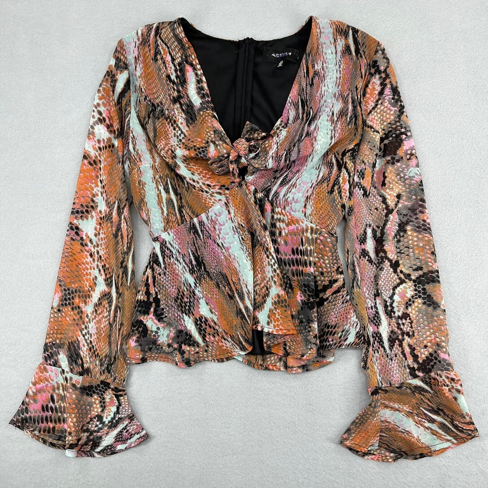 4SI3NNA Womens Snakeskin Print Bell Sleeve Peplum Blouse Multicolor XS